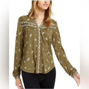 Lucky Brand Women's Olive Button-Down Blouse- Bohemian-inspired Style in Size L